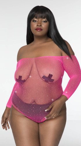 Plus Size Fishnet And Rhinestone Bodysuit